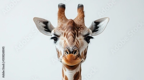 Fototapeta Close-up of a giraffe’s elegant neck and spotted face, gracefully tilting left. Its textured fur features an artful blend of browns and whites, captivating attention with every detail. 