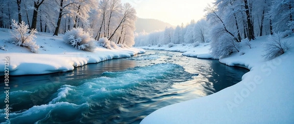 Obraz A breathtakingly beautiful river scene in winter, with flowing ice, snow-covered banks, and dramatic lighting.  Focus on depth of field, a serene and peaceful mood, cool tones, and a soft, diffused li