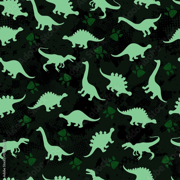 Fototapeta Cute kids pattern for girls and boys. Colorful dinosaurs on the abstract grunge background create a fun cartoon drawing. The background is made in neon colors. Urban backdrop for textile and fabric.