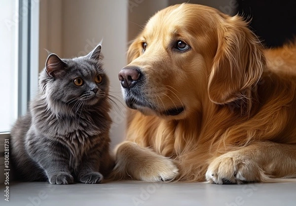 Fototapeta Golden Retriever and Grey Cat Bonding by the Window for Heartwarming Pet Portrait : Generative AI