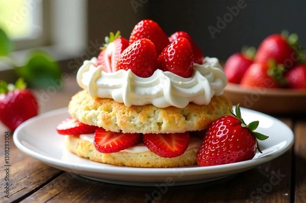 Fototapeta A vibrant, appetizing image of strawberry shortcake, generously topped with fresh strawberries and fluffy whipped cream.  High-quality photorealistic rendering, depth of field, soft lighting, inviting