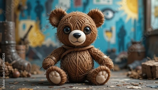 Fototapeta Adorable Yarn Teddy Bear Toy Sitting on Wooden Surface Rustic Background
