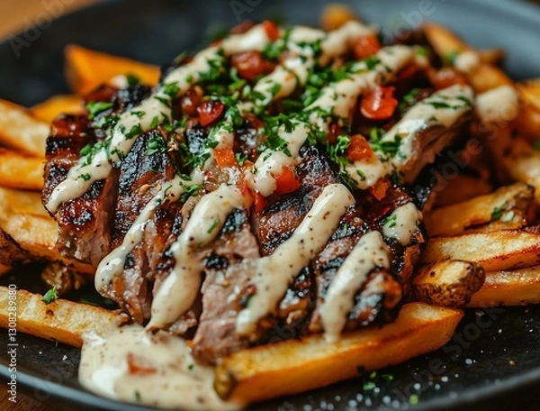 Fototapeta Grilled Steak on French Fries with Creamy Drizzle and Fresh Herb Garnish : Generative AI