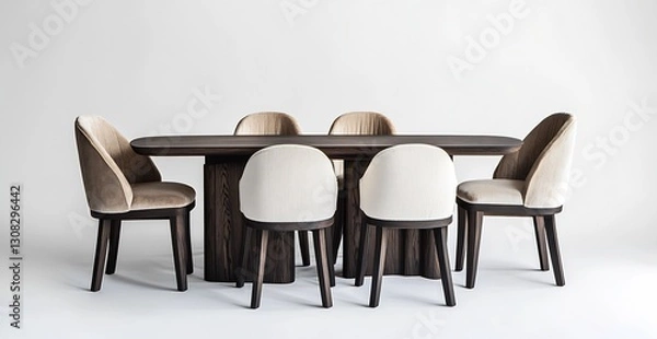 Fototapeta Stylish wooden dining table with plush chairs elegantly arranged on a clean background : Generative AI