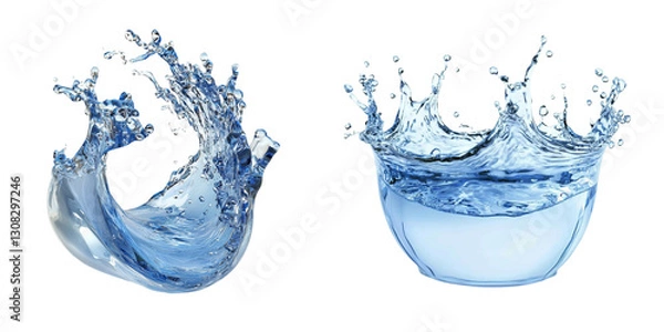 Fototapeta PNG Blue water splashing set isolated on white background, dynamic water splash
