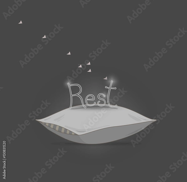 Fototapeta Rest. White pillow on grey background with text. Vector card illustration.