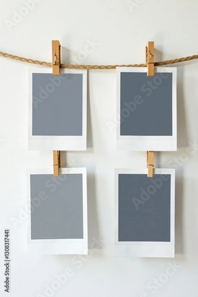 Fototapeta Four empty instant photo frames hang on a rustic rope against a white backdrop , collage, empty