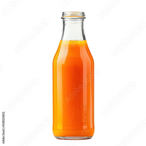 Fototapeta Fresh orange juice in glass bottle with vibrant color and clear liquid showcasing refreshing beverage concept on white background