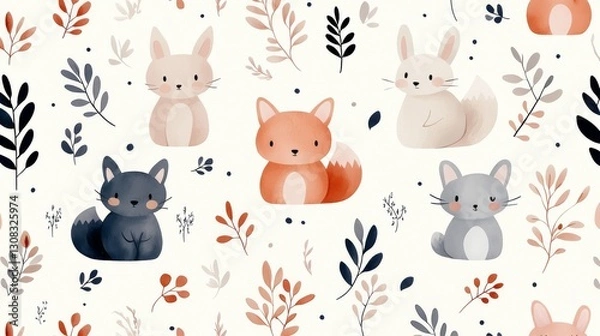 Obraz Cute animal illustrations featuring foxes and rabbits on floral background