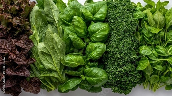 Obraz Explore vibrant diversity with this close-up showcasing an array of fresh, leafy greens From the deep, rich hues of red lettuce to the bright, verdant shades of basil, spinach, and parsley, this