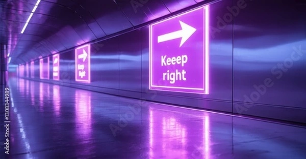 Fototapeta Futuristic glowing purple keep right sign white arrow mounted sleek urban divider reflecting polished metallic surfaces