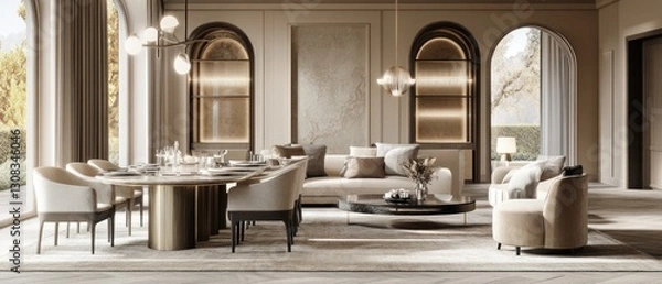 Obraz Beige Dining Room with Arch Windows and Garden View