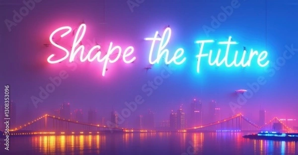 Fototapeta Neon sign shape future electric blue warm magenta floating utopian city softly illuminating airships sky bridges