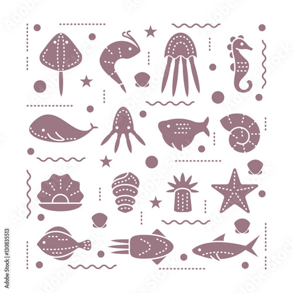 Obraz Icons with sea creatures and symbols, made in trendy line style vector..Clean and easy to edit. Illustration for prints on t-shirts and bags, posters..