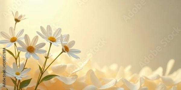 Fototapeta Delicate white daisies nestled amongst soft, pale petals, bathed in gentle sunlight, creating a serene and tranquil image.