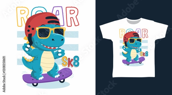 Obraz Dinosaur skateboarding hand drawn, ready for print on t-shirt and other uses.