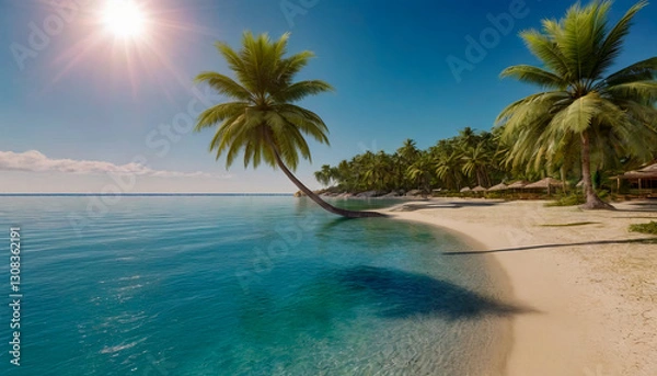Fototapeta Palm trees on the sandy beach of a beautiful bay.