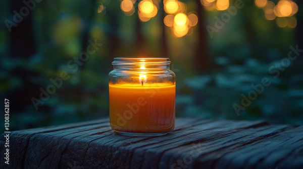 Obraz Serene Candlelit Evening: A flickering candle in a glass jar casts a warm, inviting glow on a rustic wooden surface, set against a blurred background of nature's elements.