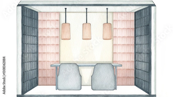 Fototapeta Podcast studio watercolor, Aesthetic podcast booth with soft diffused lighting and modern design
