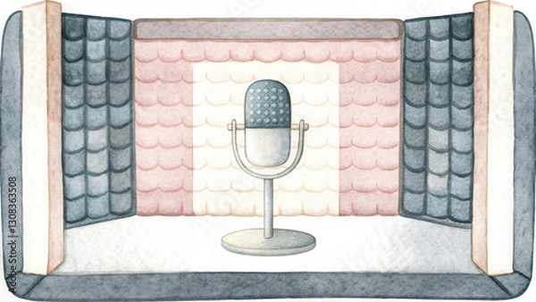 Fototapeta Podcast studio watercolor, cozy podcasting setup featuring microphone surrounded by soundproofing panels, creating inviting