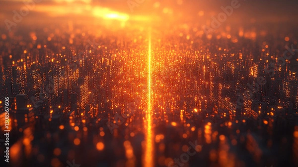 Fototapeta Fiber optic light strands connect high-rise buildings, symbolizing modern digital communication and fast data transfer in an urban cityscape, representing connectivity and technological advancement
