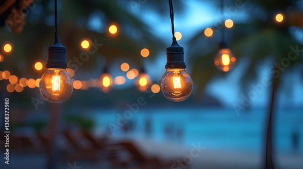 Obraz Vintage Edison bulbs with warm glow, string lights, rustic charm, nostalgic evening ambiance