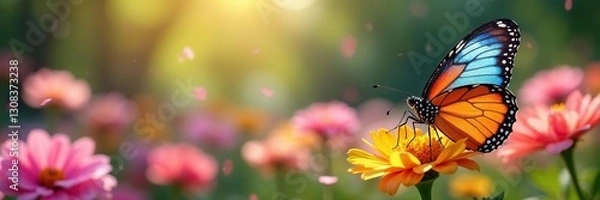 Fototapeta A colorful array of butterflies flitting around a garden full of blooming flowers, petals, colorful, gentle