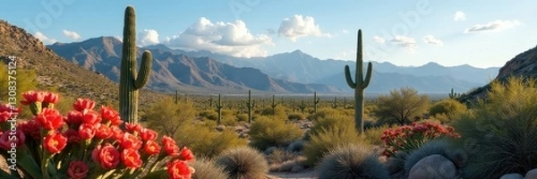 Fototapeta Prickly pear and cholla cactus foreground, Scottsdale mountains backdrop , bright, Sonoran Desert