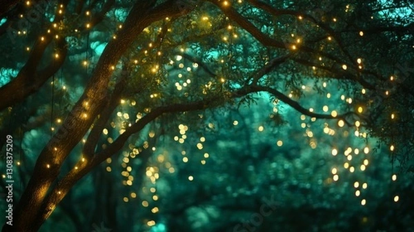 Fototapeta Magical Night Scene with Glowing Lights on Tree Branches