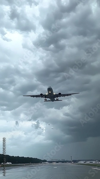 Obraz Airplane landing in stormy weather.