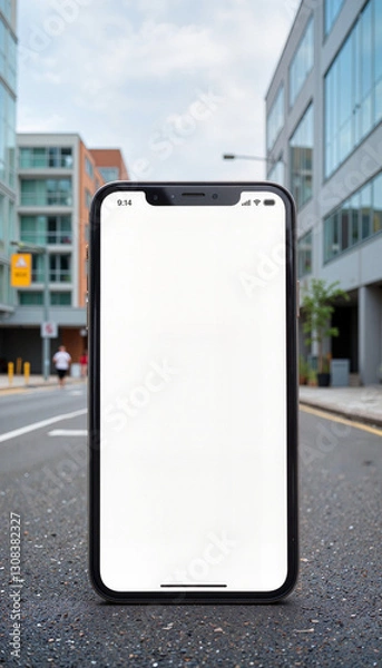 Fototapeta Smartphone mockup displaying blank screen in urban setting, creativity