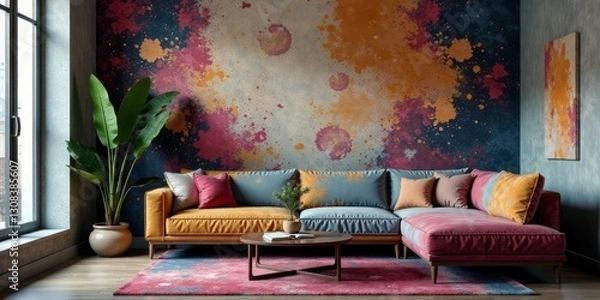 Fototapeta Modern sectional sofa in a living room with an abstract splash paint wall mural and a large potted plant