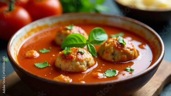 Fototapeta A vibrant, high-quality AI photo of delicious meatball soup, garnished with fresh parsley and basil.  The soup should be steaming, with warm, inviting lighting.  Focus on the texture and appealing pre