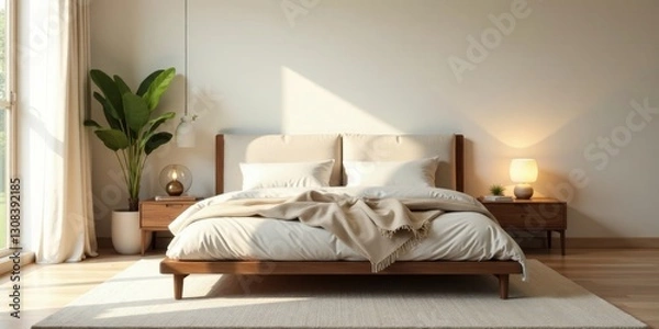 Fototapeta Serene Bedroom Interior Design with Minimalist Wooden Bed and Neutral Color Palette