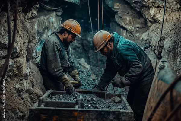 Fototapeta The worker is working on the rare earth mineral mining industry, Quarry labor in mine.