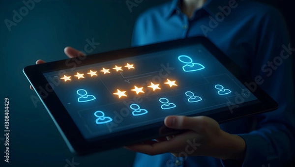 Fototapeta Visualizing Positive Customer Feedback: A Glowing Tablet Displaying a 5-Star Review and Customer Profile in Stock Photo Concept with Ample Empty Space for Customization