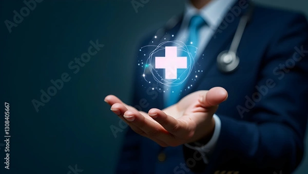 Fototapeta Holographic Cross & Health Symbol in Hand: Digital Healthcare Solutions for Integrated Systems