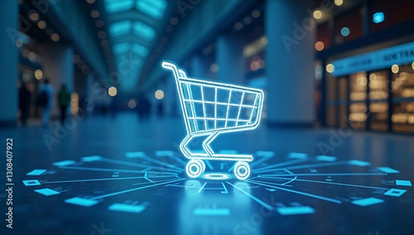 Fototapeta Futuristic Shopping Cart Icon: Visualizing E-Commerce Metrics in a Modern Retail Environment - A Cute Vector Illustration for Smart Business Insights