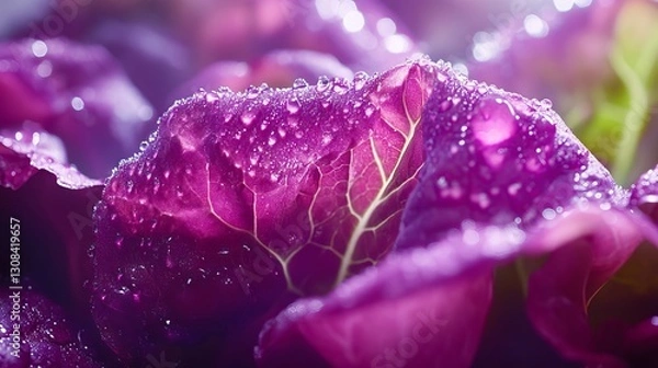 Obraz Ultra close up of vibrant lettuce heads beneath purple LED grow lights in vertical hydroponic system, water droplets glistening on leaf surfaces, nutrient mist creating ethereal atmosphere, clean
