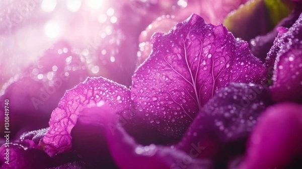 Fototapeta Ultra close up of vibrant lettuce heads beneath purple LED grow lights in vertical hydroponic system, water droplets glistening on leaf surfaces, nutrient mist creating ethereal atmosphere, clean