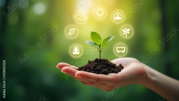 Fototapeta Nurturing Sustainability: A Cute Vector Illustration of a Small Plant in a Hand Surrounded by Glowing Eco-Friendly Icons Representing Green Initiative Goals