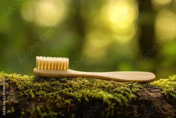 Fototapeta A sustainable bamboo toothbrush rests on moss-covered wood in a sun-dappled forest.