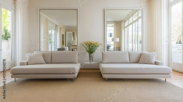 Fototapeta Modern living room with minimalist design and natural light in a stylish home