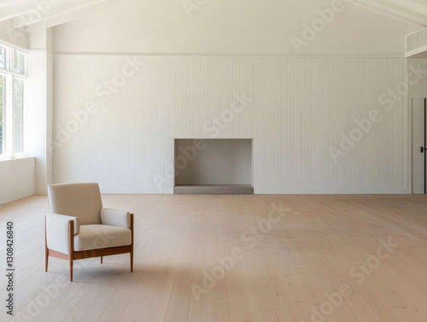 Fototapeta Minimalist interior with simple chair and empty room featuring natural light