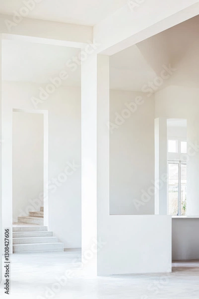 Fototapeta Modern minimalist interior design featuring spacious white architecture and open layout