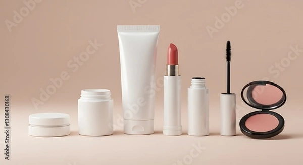 Fototapeta Premium Makeup Packaging Mockup Kit with Blank Lipstick Tubes, Mascara Containers, and Blush Compacts – Realistic Textures & Subtle Lighting for Branding