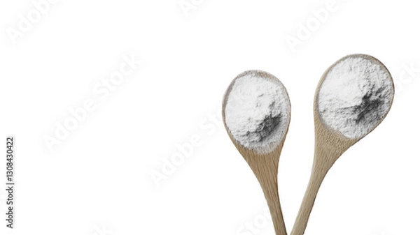 Fototapeta Two wooden spoons filled with white powder, set against a black background.  A clean and simple image perfect for baking or culinary themes.