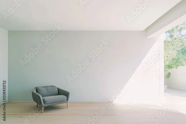 Fototapeta Minimalist interior with a grey armchair and natural light in a modern space
