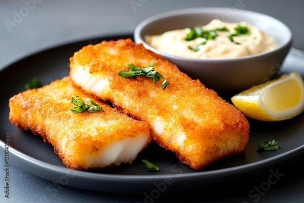 Fototapeta Breaded fried fish fillets served with dipping sauce and lemon