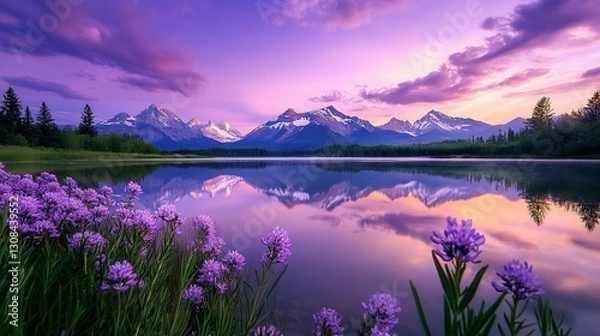 Fototapeta A serene purple lake surrounded by mountains and purple flowers